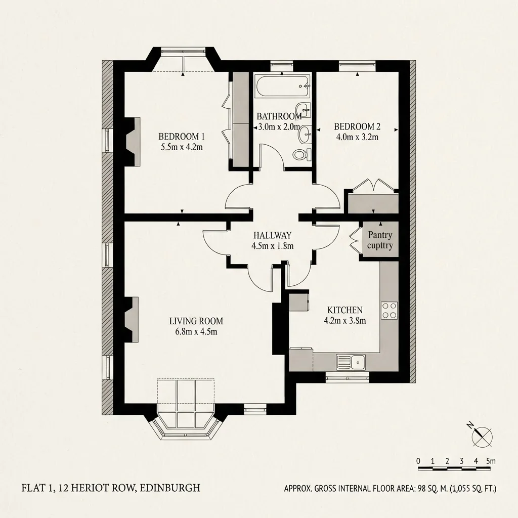 Architectural floor plan of a Georgian Edinburgh apartment